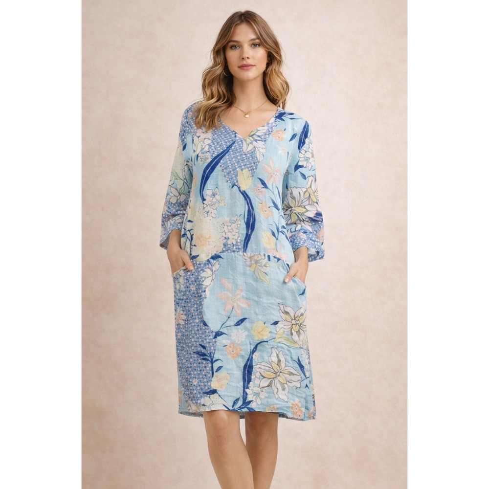 Malvin Linen Floral Shift Dress Blue Pockets Summer‎ Cottagecore M